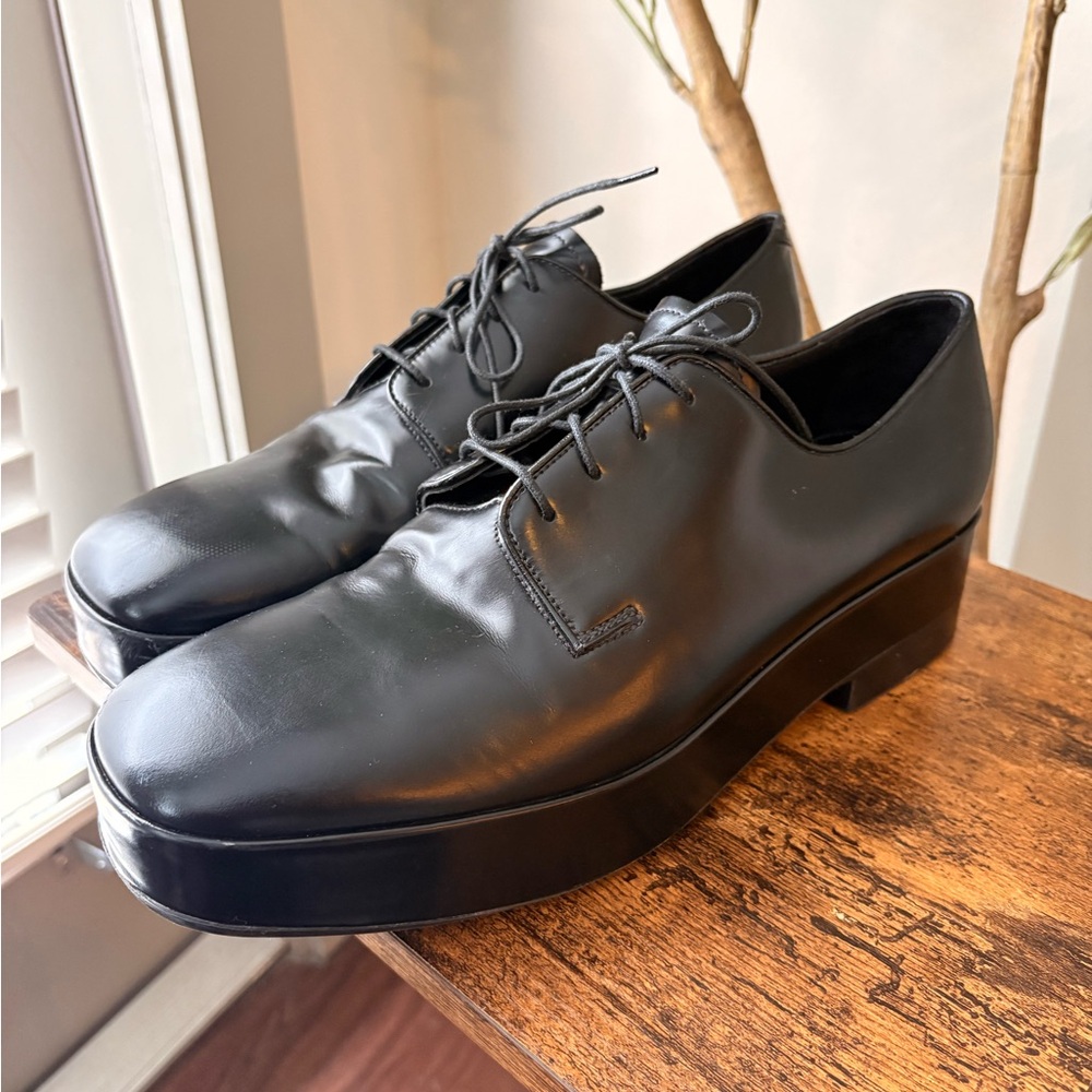 Men's Black Prada Brushed Leather Platform Derby Shoes